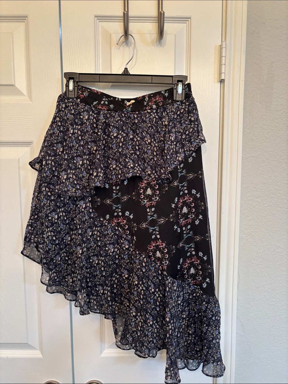 POL Black Floral Asymmetric Ruffle Midi Skirt